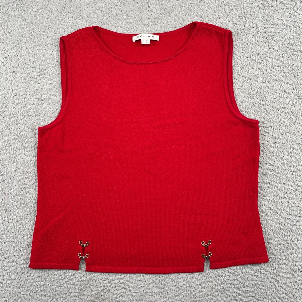 St. John Knit Top Women 10 Red Sleeveless Side Slit Gold Logo Made in USA